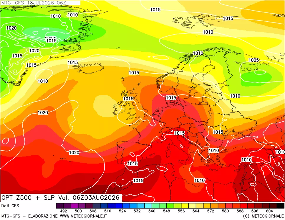 mappa GFS: Geopotenziale a 500 hPa + Pressione sul livello del mare