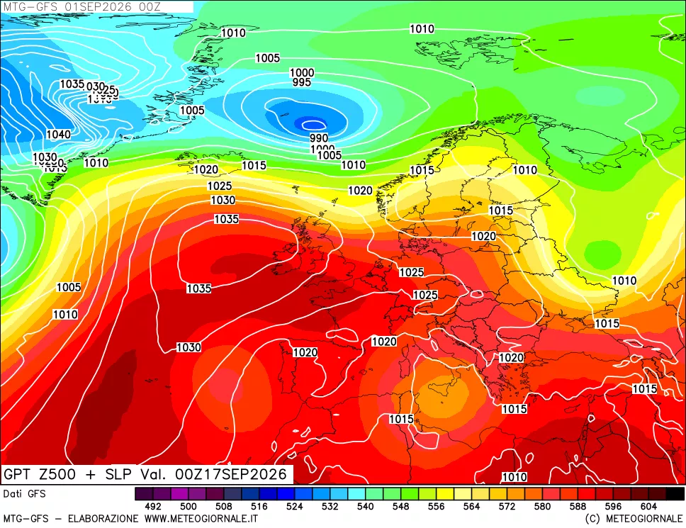 mappa GFS: Geopotenziale a 500 hPa + Pressione sul livello del mare