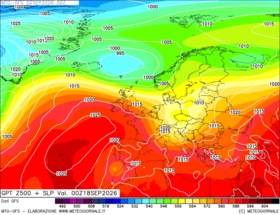 mappa GFS: Geopotenziale a 500 hPa + Pressione sul livello del mare