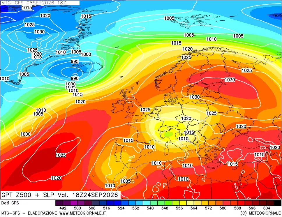 mappa GFS: Geopotenziale a 500 hPa + Pressione sul livello del mare