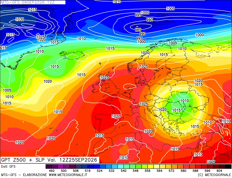 mappa GFS: Geopotenziale a 500 hPa + Pressione sul livello del mare