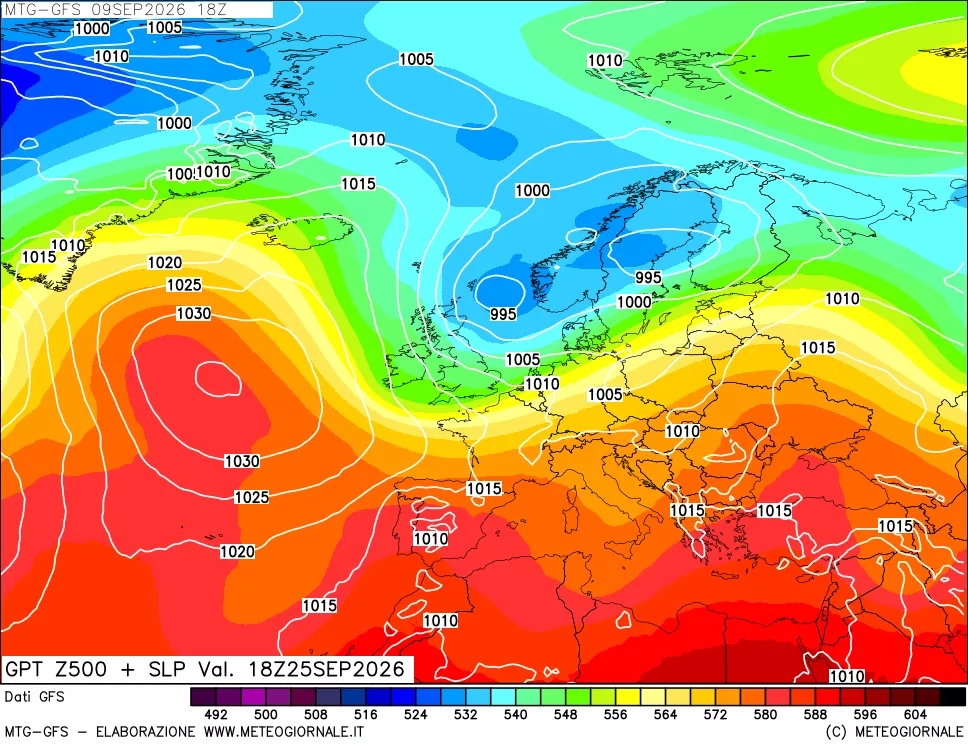 mappa GFS: Geopotenziale a 500 hPa + Pressione sul livello del mare