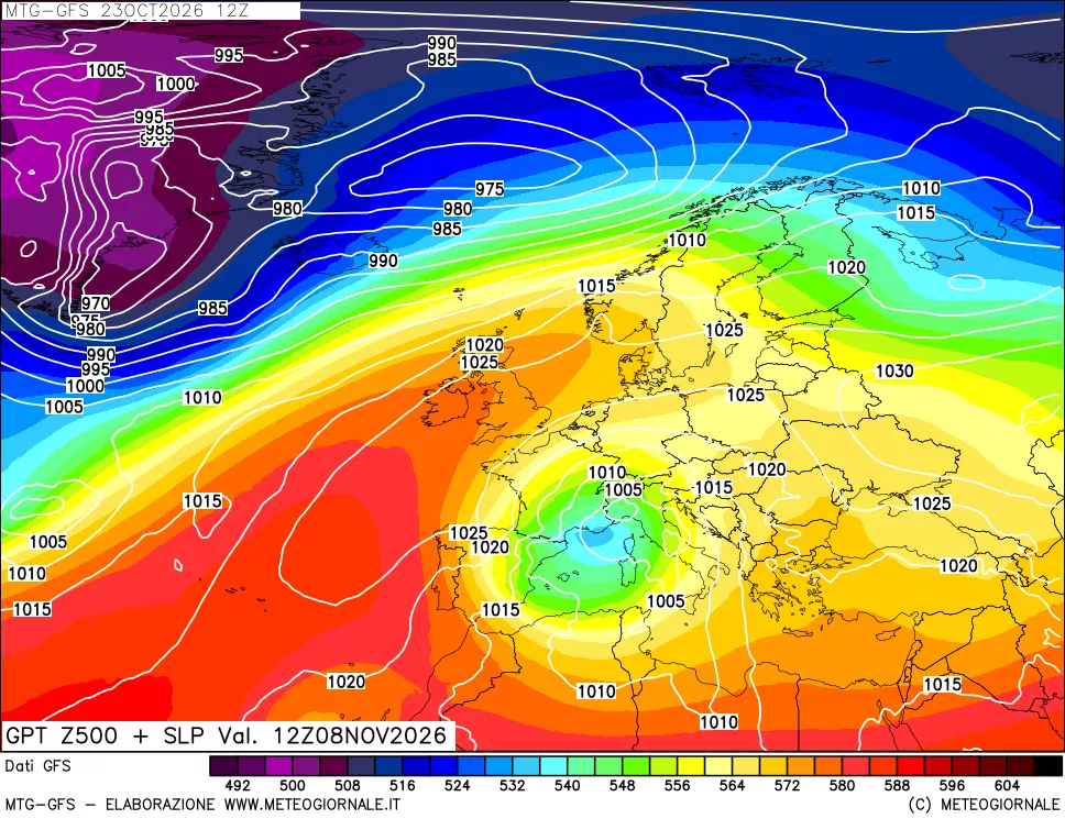 mappa GFS: Geopotenziale a 500 hPa + Pressione sul livello del mare
