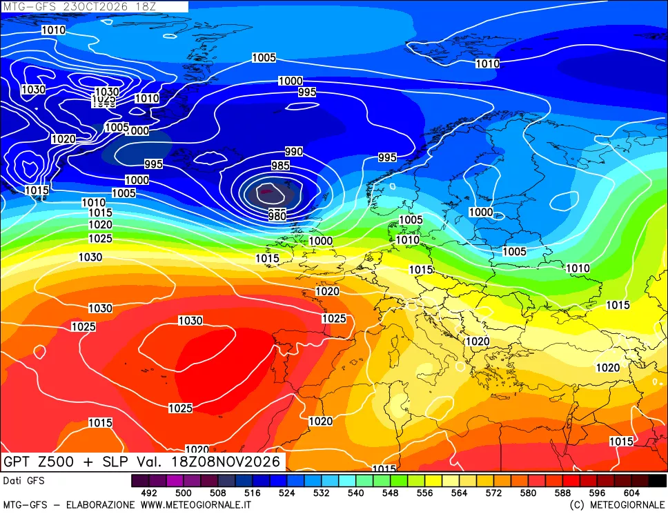 mappa GFS: Geopotenziale a 500 hPa + Pressione sul livello del mare