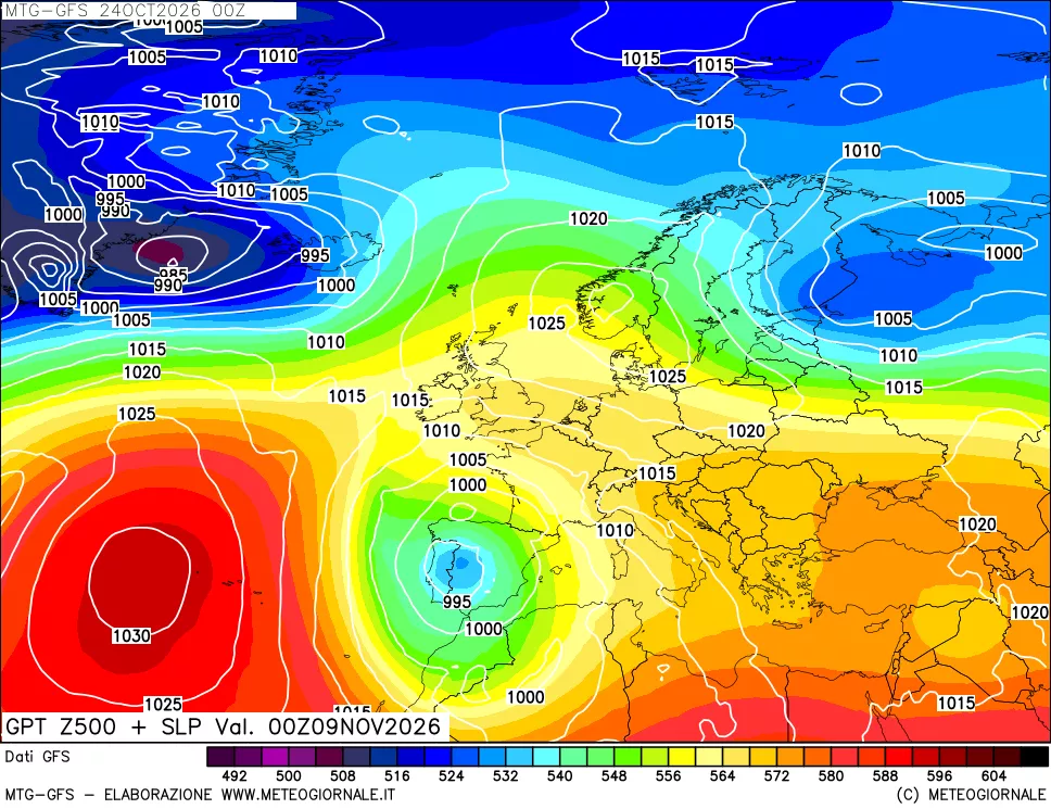 mappa GFS: Geopotenziale a 500 hPa + Pressione sul livello del mare