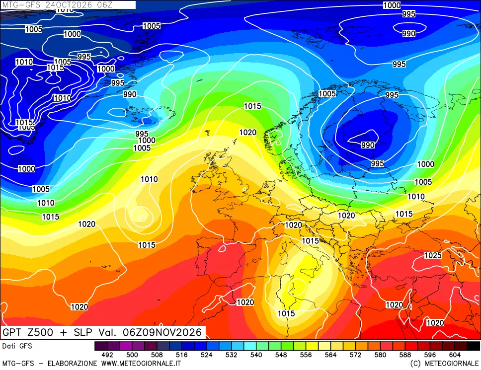 mappa GFS: Geopotenziale a 500 hPa + Pressione sul livello del mare