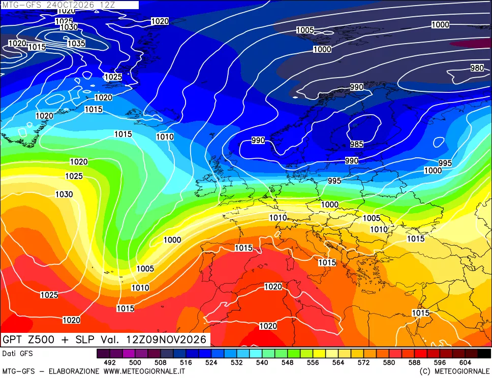 mappa GFS: Geopotenziale a 500 hPa + Pressione sul livello del mare