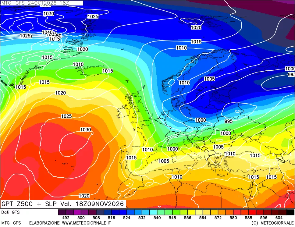 mappa GFS: Geopotenziale a 500 hPa + Pressione sul livello del mare