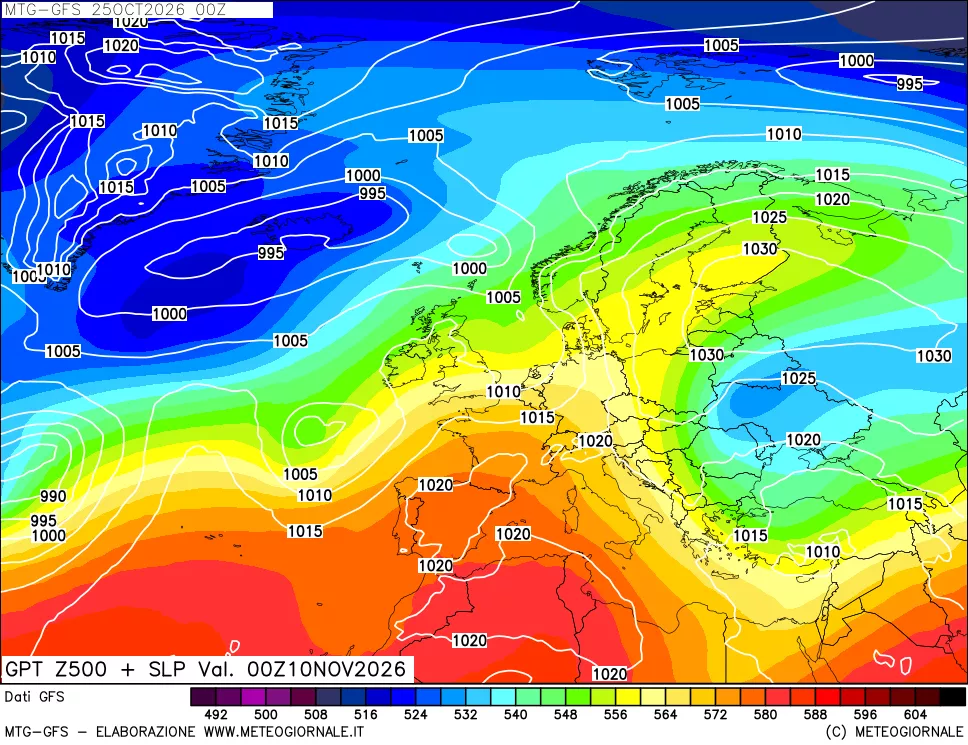 mappa GFS: Geopotenziale a 500 hPa + Pressione sul livello del mare