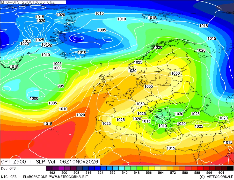 mappa GFS: Geopotenziale a 500 hPa + Pressione sul livello del mare