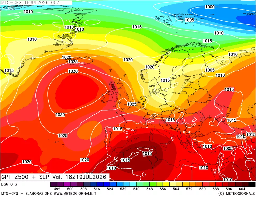 mappa GFS: Geopotenziale a 500 hPa + Pressione sul livello del mare
