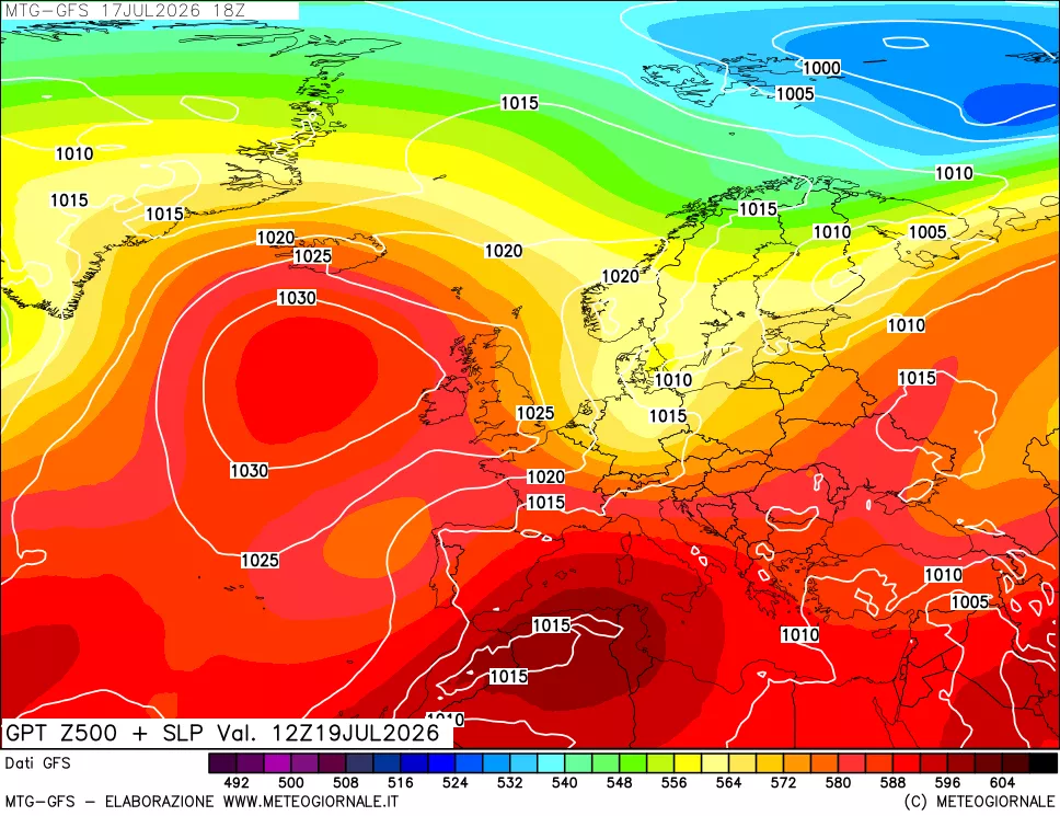 mappa GFS: Geopotenziale a 500 hPa + Pressione sul livello del mare