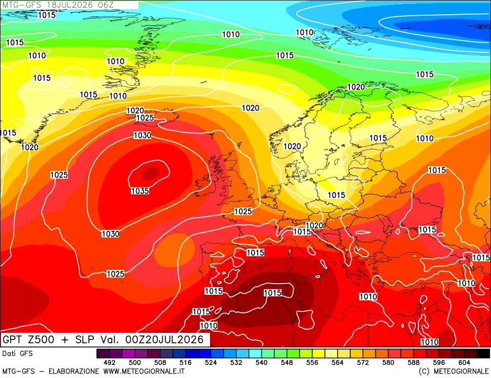 mappa GFS: Geopotenziale a 500 hPa + Pressione sul livello del mare