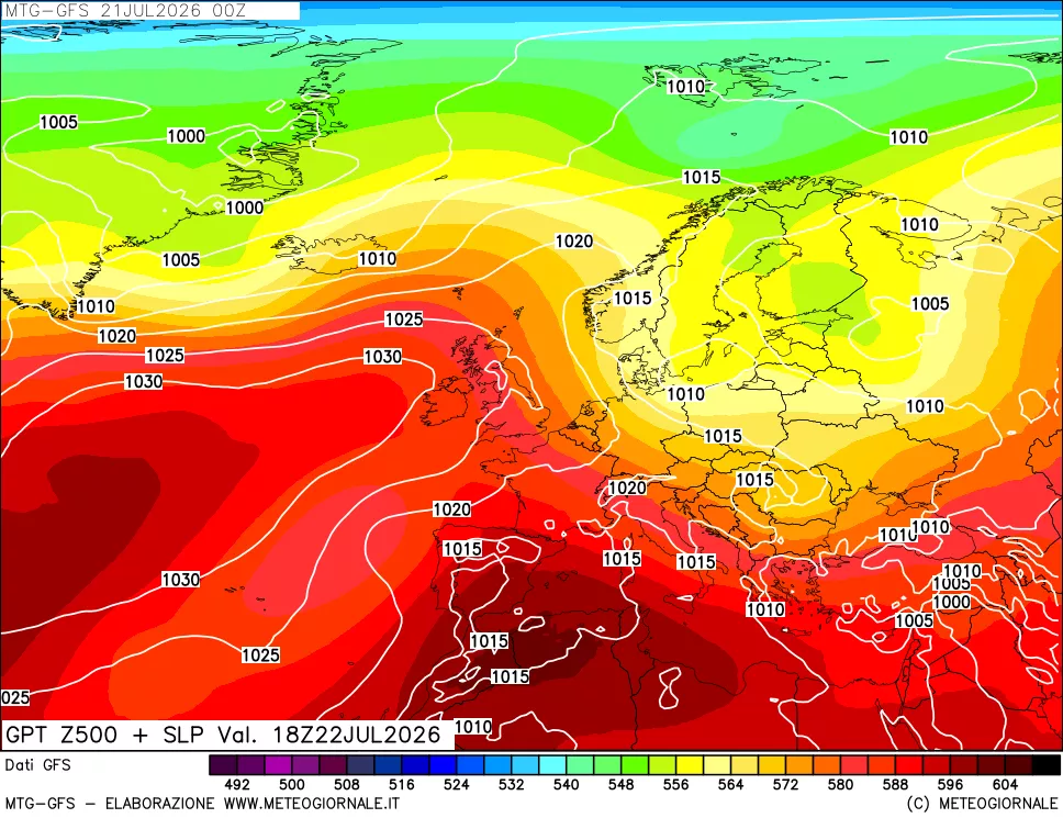 mappa GFS: Geopotenziale a 500 hPa + Pressione sul livello del mare