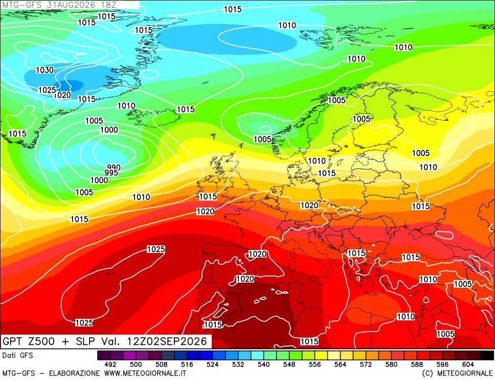 mappa GFS: Geopotenziale a 500 hPa + Pressione sul livello del mare