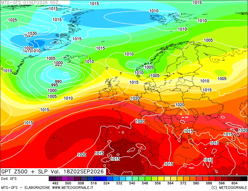 mappa GFS: Geopotenziale a 500 hPa + Pressione sul livello del mare