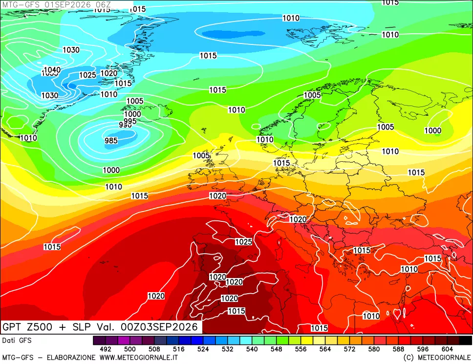 mappa GFS: Geopotenziale a 500 hPa + Pressione sul livello del mare