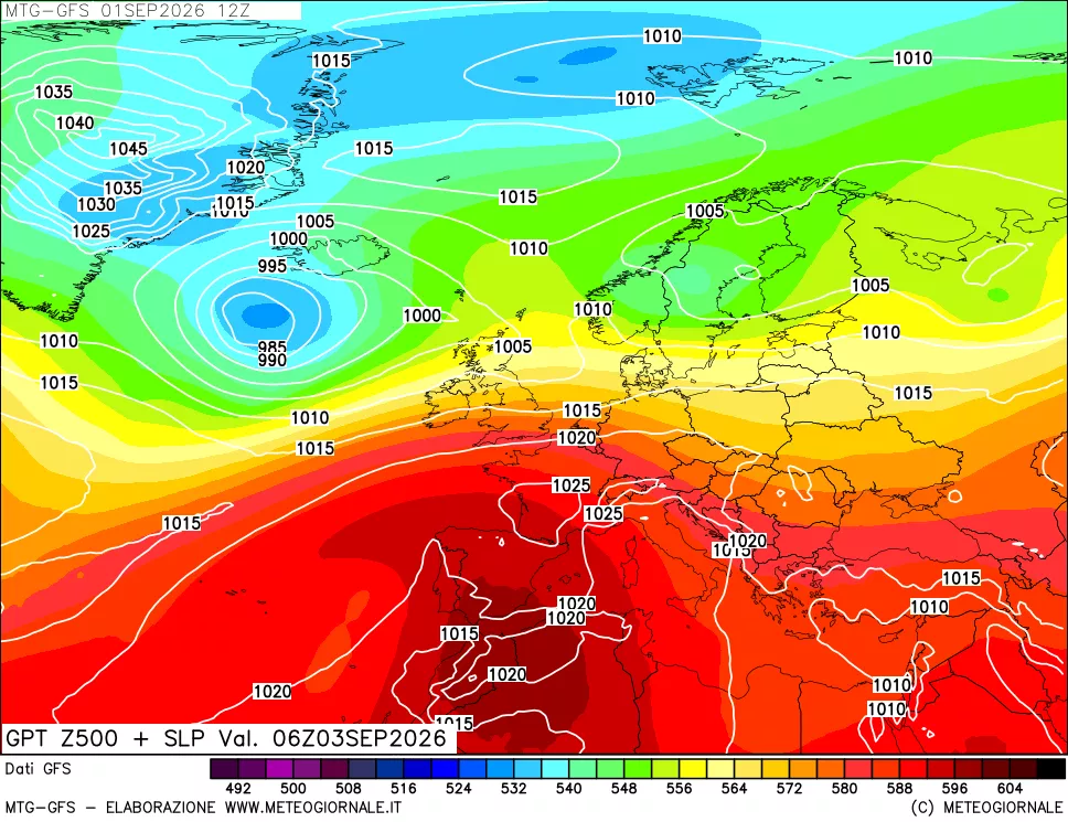 mappa GFS: Geopotenziale a 500 hPa + Pressione sul livello del mare