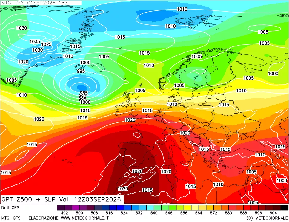 mappa GFS: Geopotenziale a 500 hPa + Pressione sul livello del mare