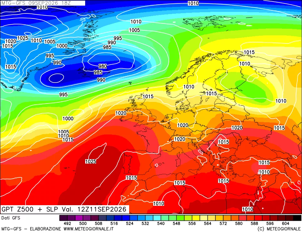 mappa GFS: Geopotenziale a 500 hPa + Pressione sul livello del mare