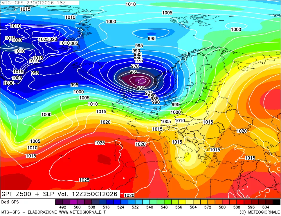 mappa GFS: Geopotenziale a 500 hPa + Pressione sul livello del mare