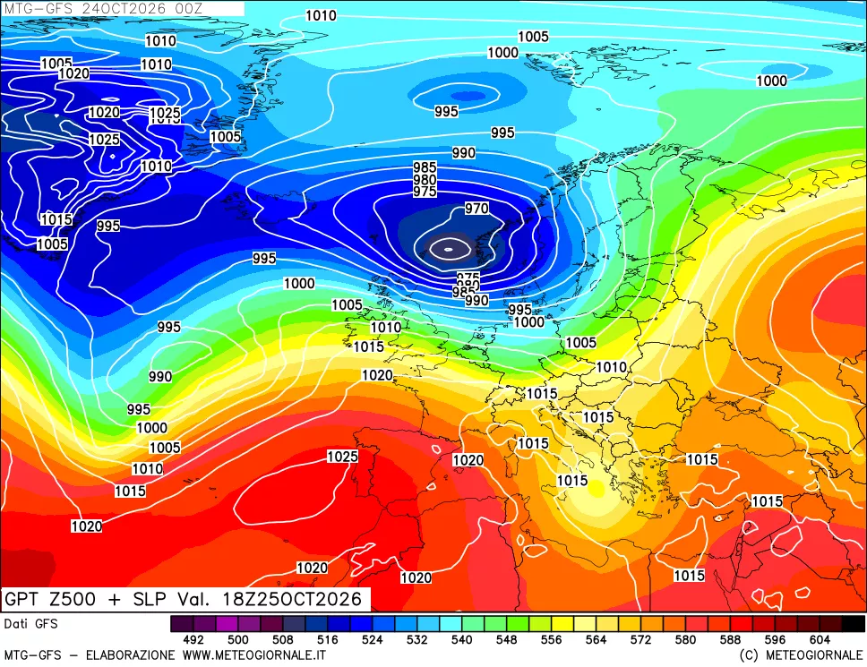 mappa GFS: Geopotenziale a 500 hPa + Pressione sul livello del mare