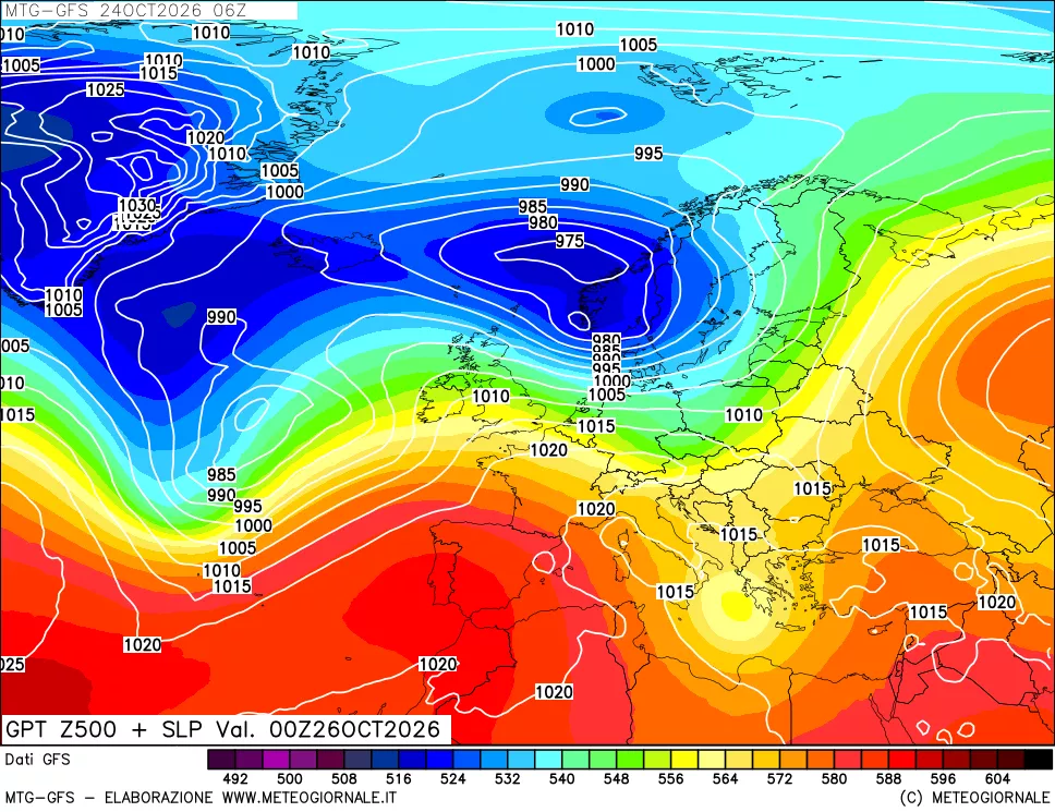 mappa GFS: Geopotenziale a 500 hPa + Pressione sul livello del mare
