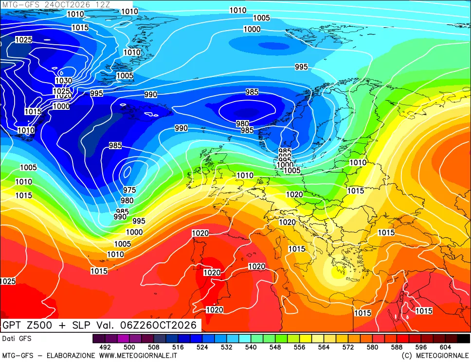 mappa GFS: Geopotenziale a 500 hPa + Pressione sul livello del mare