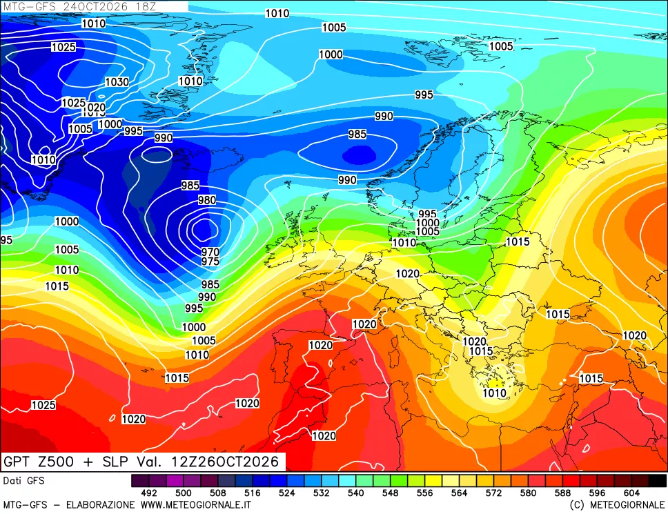 mappa GFS: Geopotenziale a 500 hPa + Pressione sul livello del mare