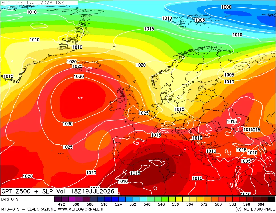 mappa GFS: Geopotenziale a 500 hPa + Pressione sul livello del mare