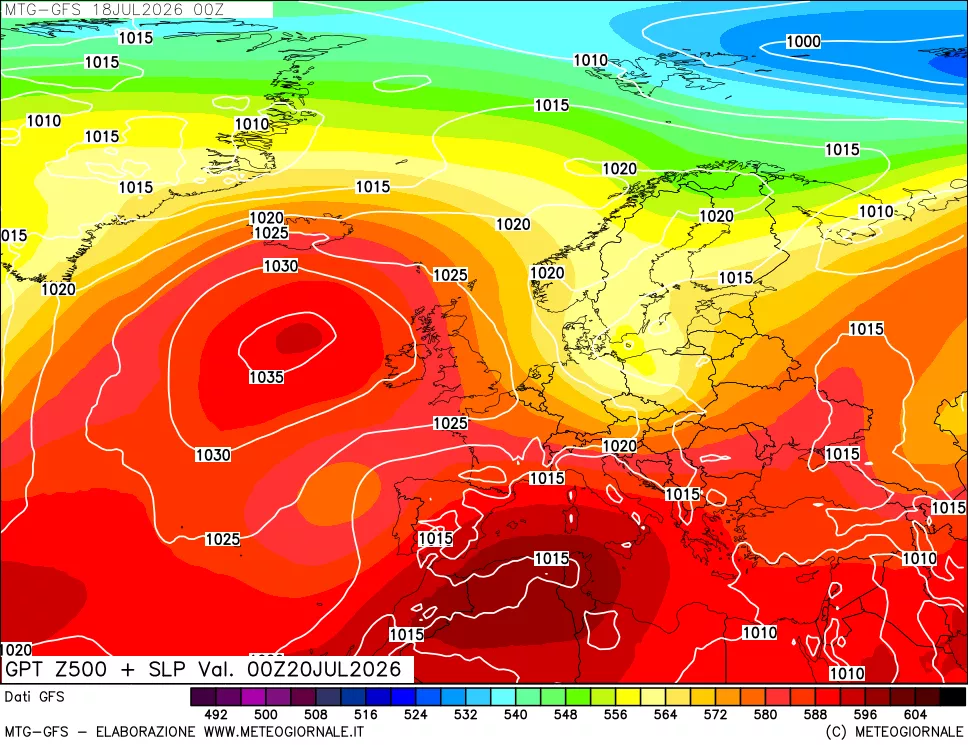 mappa GFS: Geopotenziale a 500 hPa + Pressione sul livello del mare