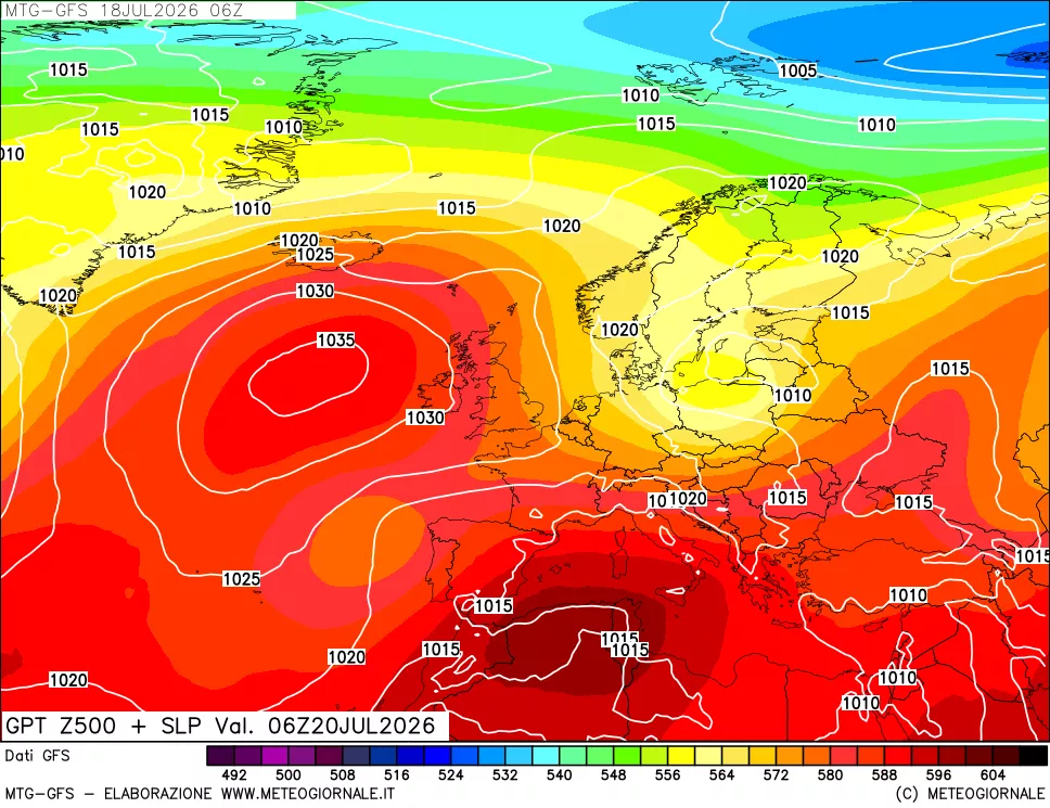 mappa GFS: Geopotenziale a 500 hPa + Pressione sul livello del mare