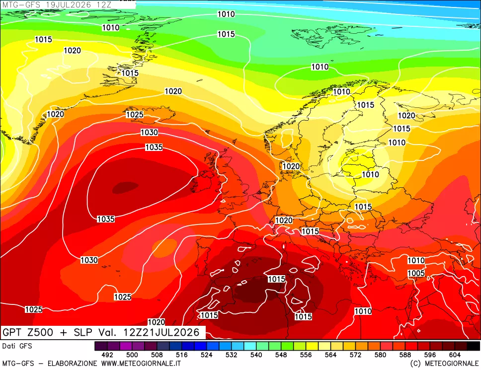 mappa GFS: Geopotenziale a 500 hPa + Pressione sul livello del mare