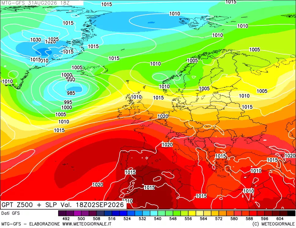 mappa GFS: Geopotenziale a 500 hPa + Pressione sul livello del mare