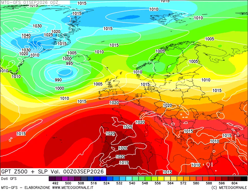 mappa GFS: Geopotenziale a 500 hPa + Pressione sul livello del mare