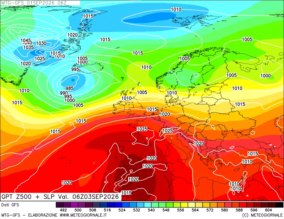 mappa GFS: Geopotenziale a 500 hPa + Pressione sul livello del mare