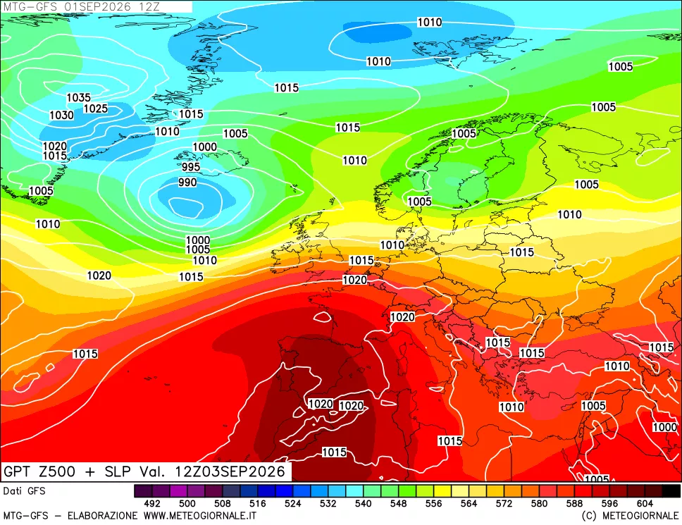 mappa GFS: Geopotenziale a 500 hPa + Pressione sul livello del mare