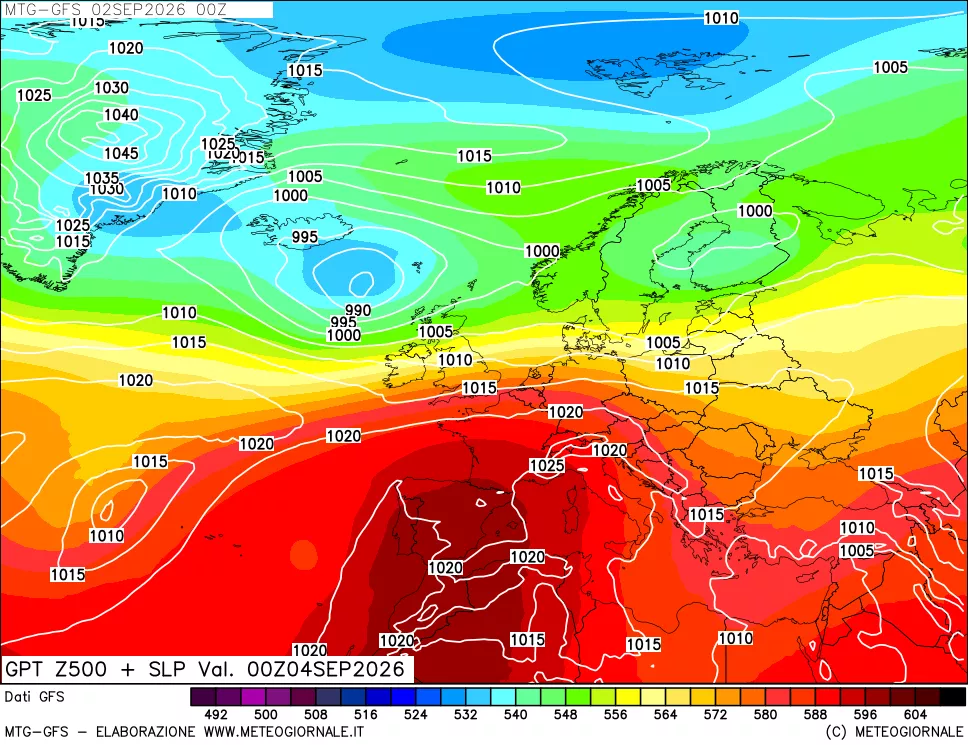 mappa GFS: Geopotenziale a 500 hPa + Pressione sul livello del mare