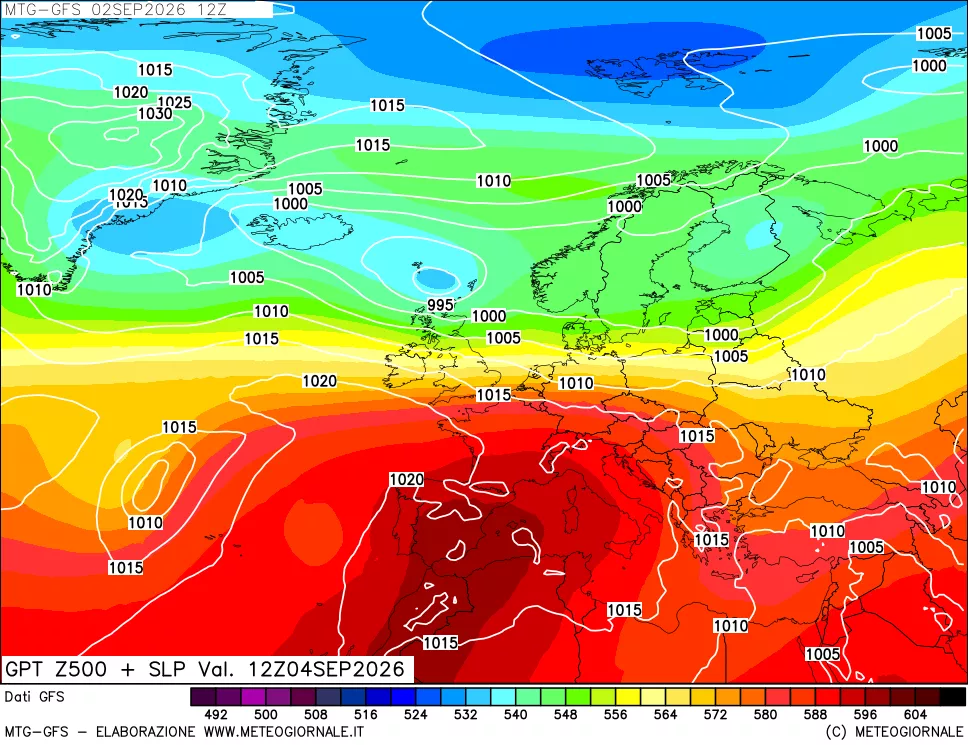 mappa GFS: Geopotenziale a 500 hPa + Pressione sul livello del mare