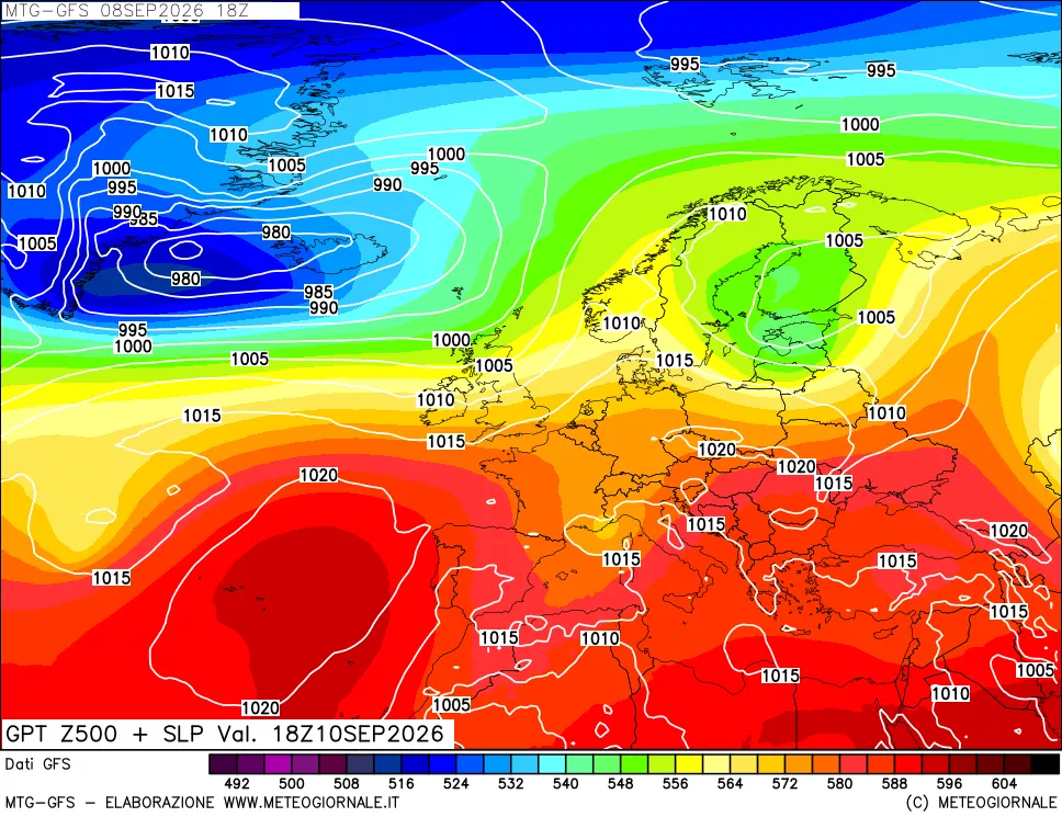 mappa GFS: Geopotenziale a 500 hPa + Pressione sul livello del mare