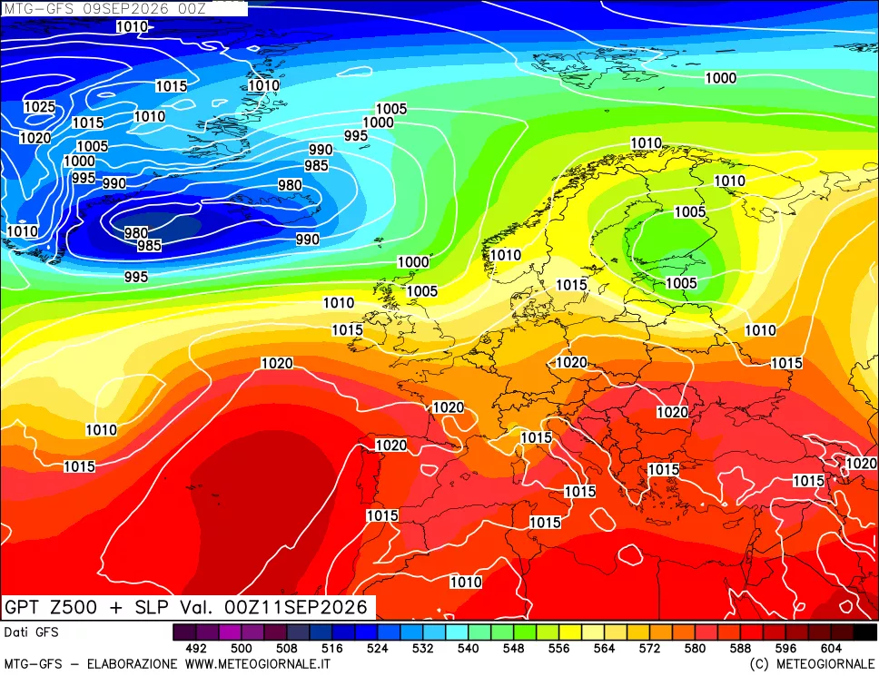 mappa GFS: Geopotenziale a 500 hPa + Pressione sul livello del mare