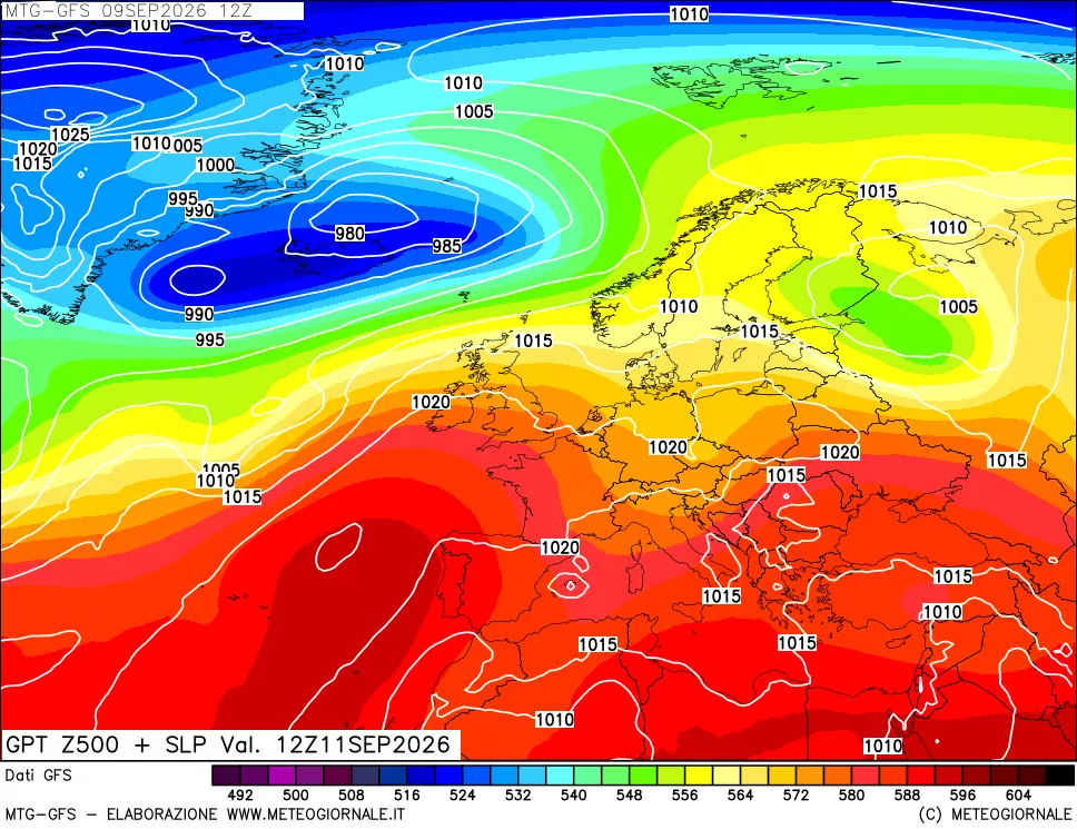 mappa GFS: Geopotenziale a 500 hPa + Pressione sul livello del mare