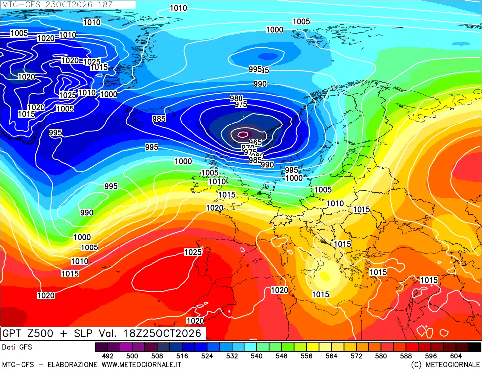 mappa GFS: Geopotenziale a 500 hPa + Pressione sul livello del mare