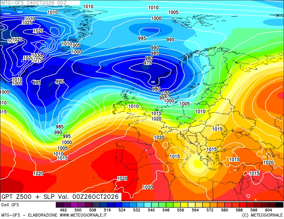 mappa GFS: Geopotenziale a 500 hPa + Pressione sul livello del mare