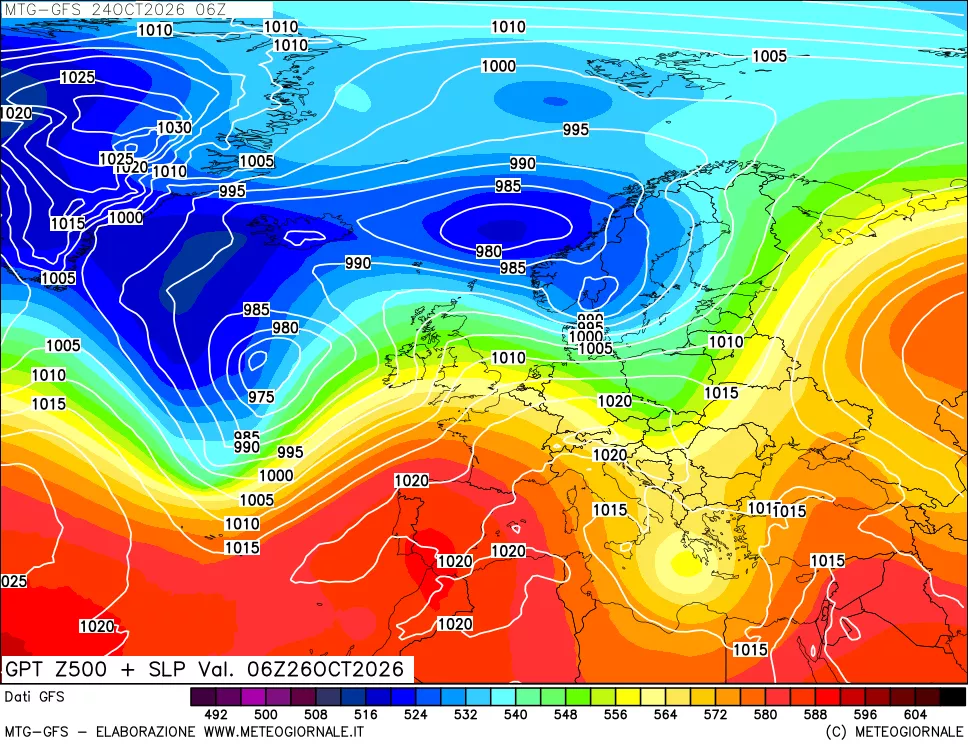 mappa GFS: Geopotenziale a 500 hPa + Pressione sul livello del mare