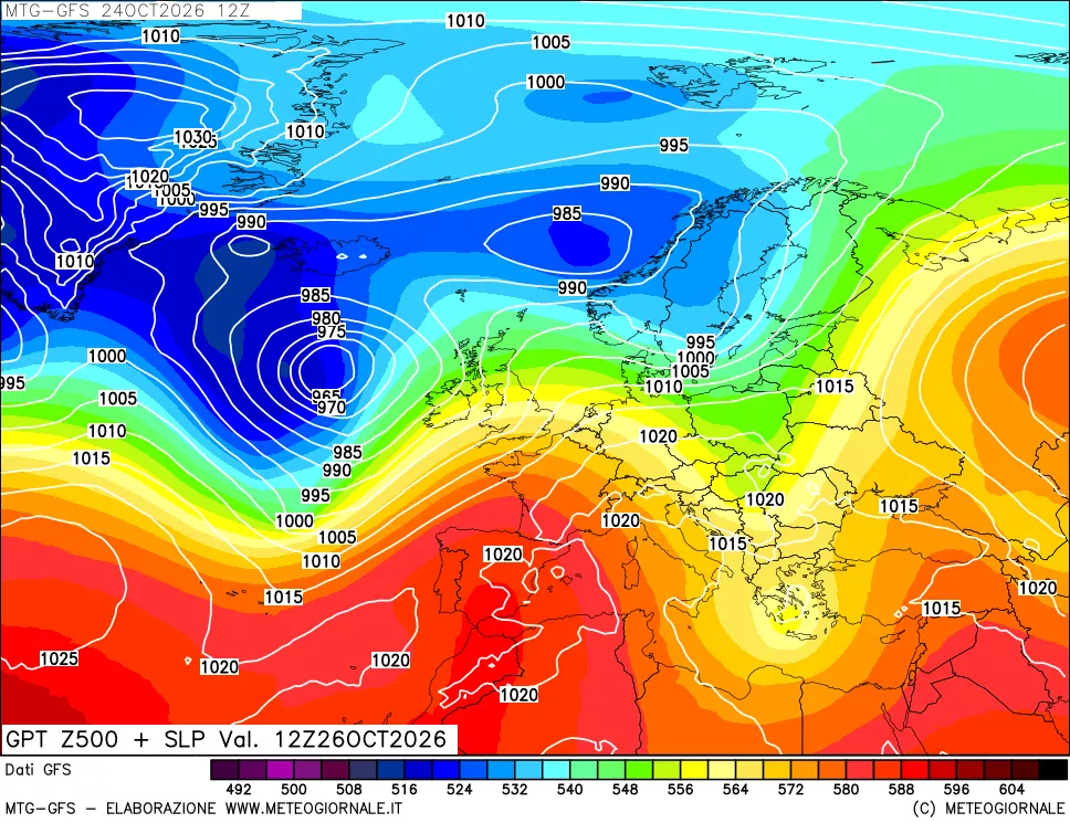 mappa GFS: Geopotenziale a 500 hPa + Pressione sul livello del mare