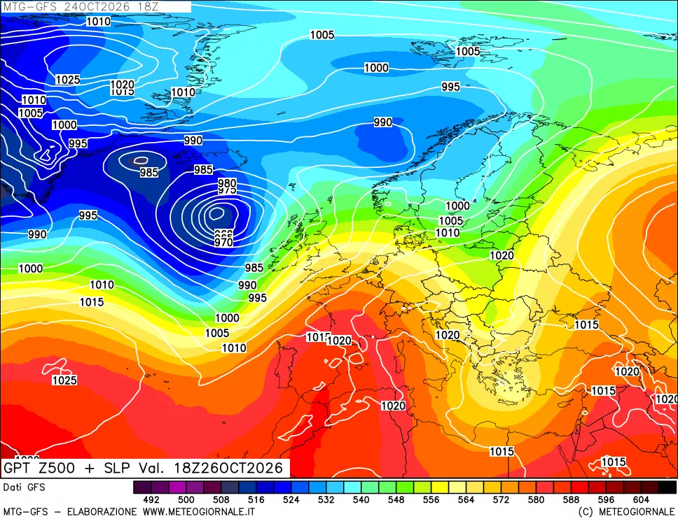 mappa GFS: Geopotenziale a 500 hPa + Pressione sul livello del mare
