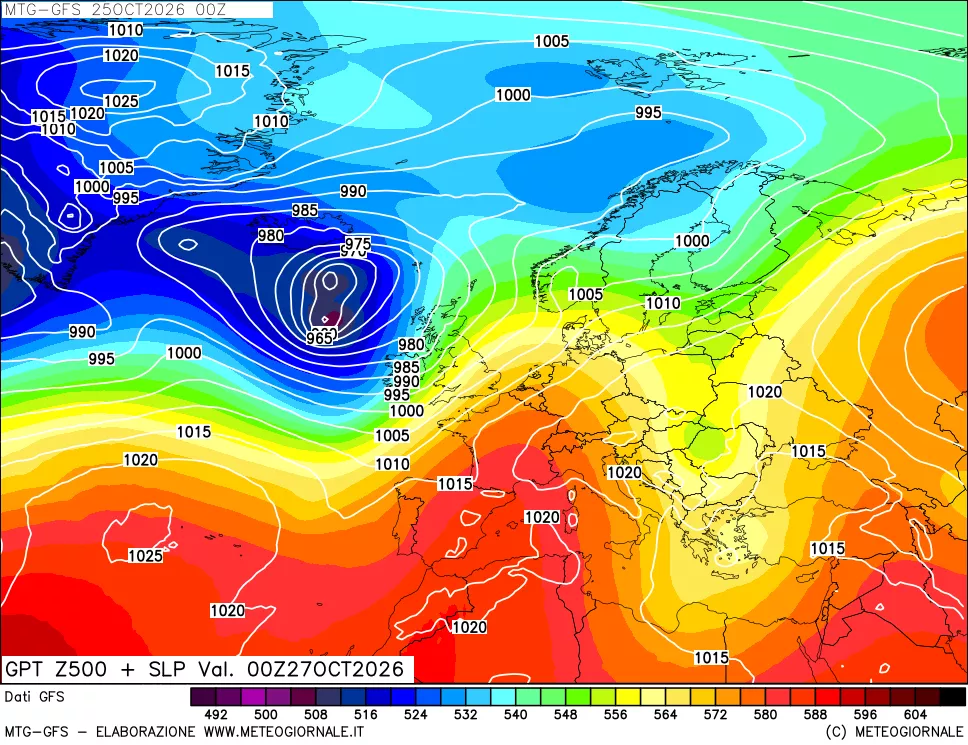 mappa GFS: Geopotenziale a 500 hPa + Pressione sul livello del mare