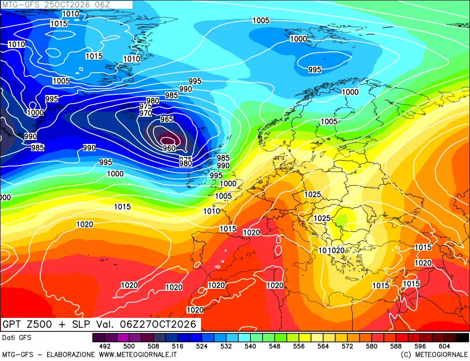 mappa GFS: Geopotenziale a 500 hPa + Pressione sul livello del mare