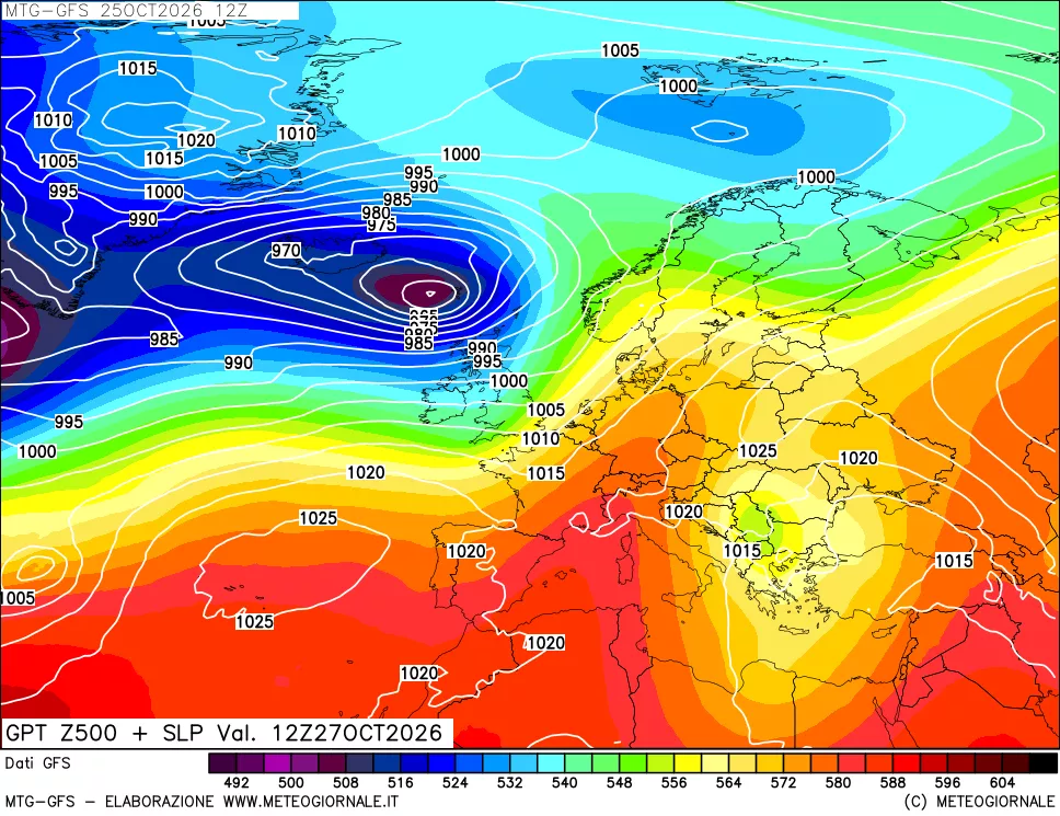 mappa GFS: Geopotenziale a 500 hPa + Pressione sul livello del mare